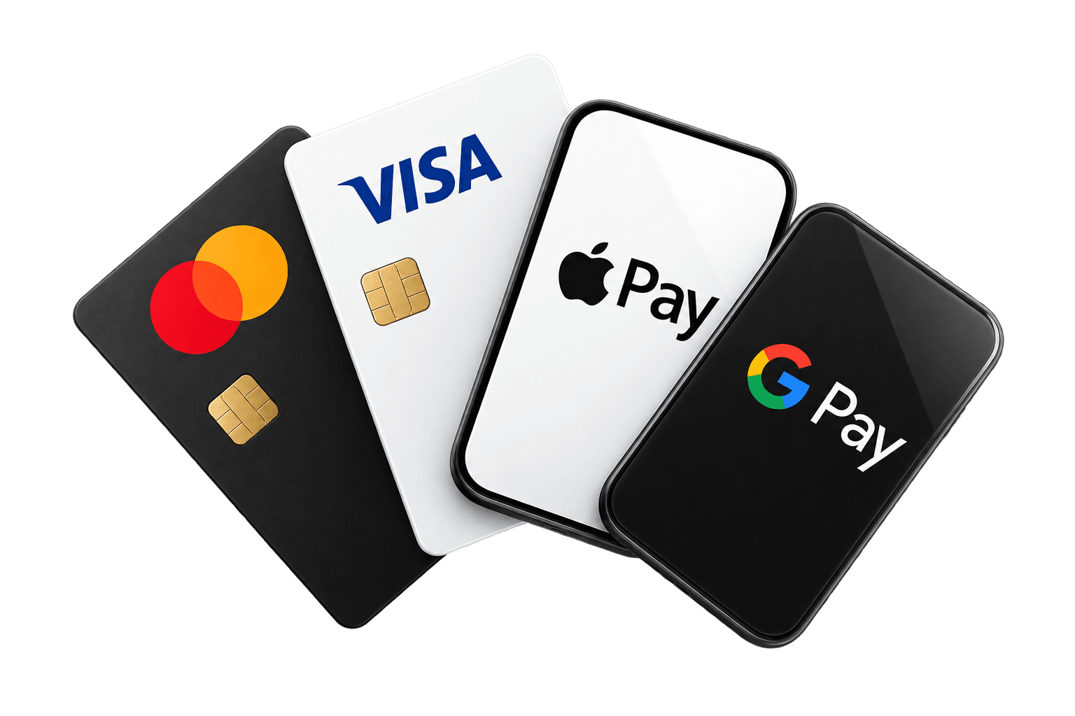 Visa, Mastercard, Apple Pay, and Google Pay.